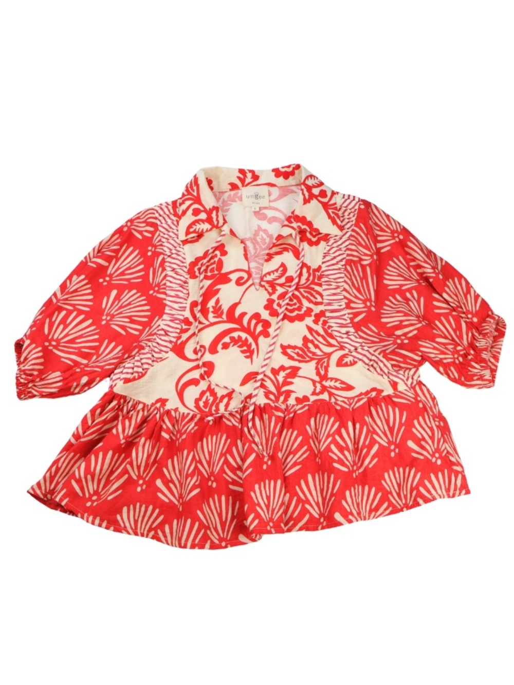 Umgee Oversized Boho Peplum Top Small Red Cream Puff Sleeve